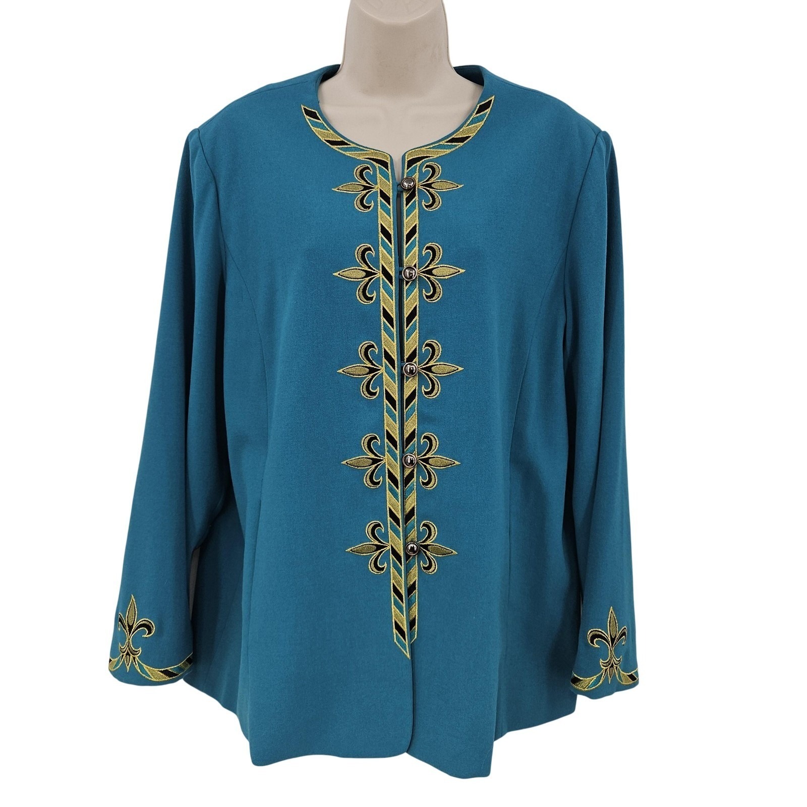 Bob Mackie Wearable Art Jacket Womens Large Teal Embroidered Fleur-De-Lis Lined